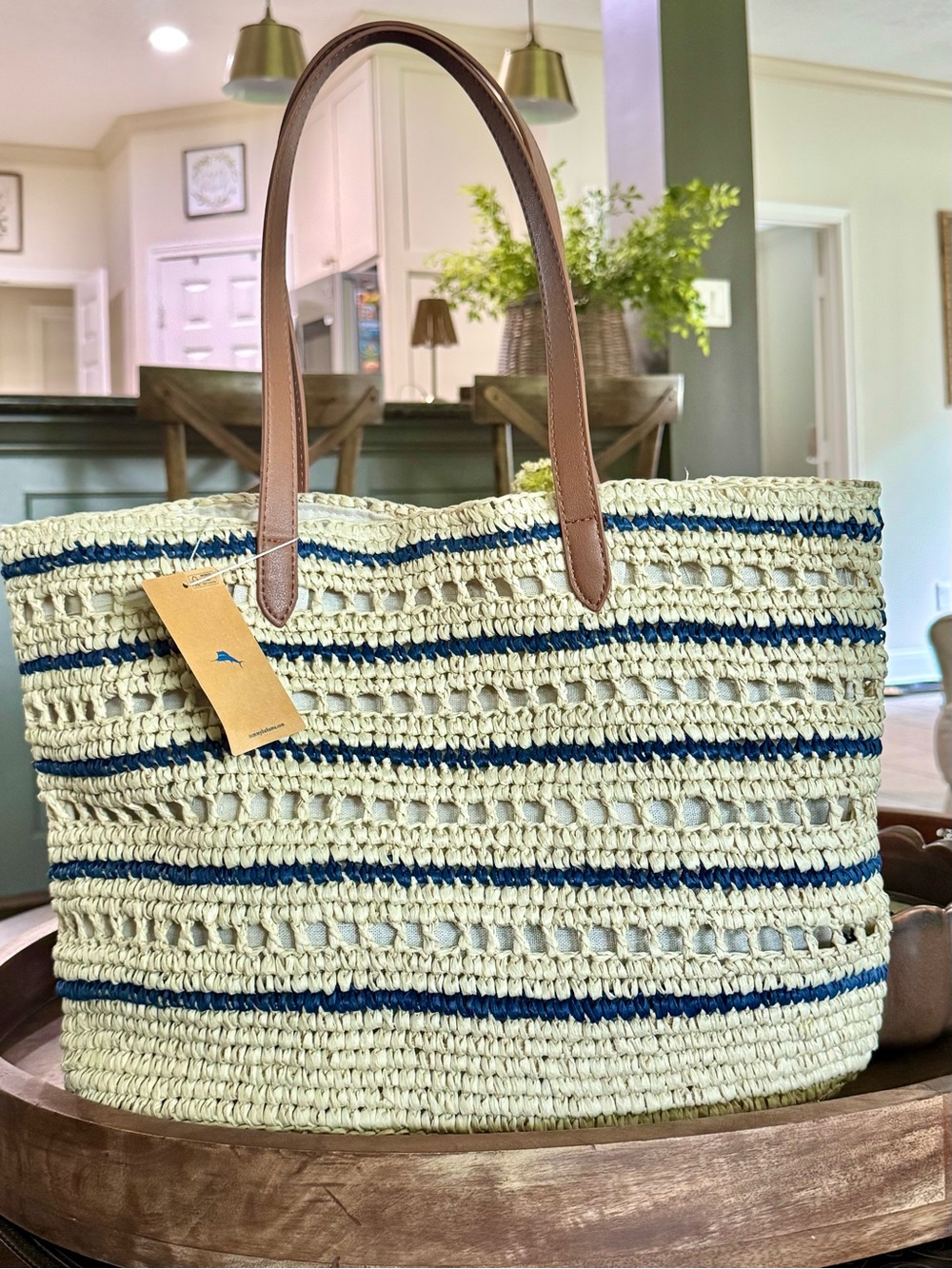 Brand New Tommy Bahama Cream and Navy Striped Woven Tote